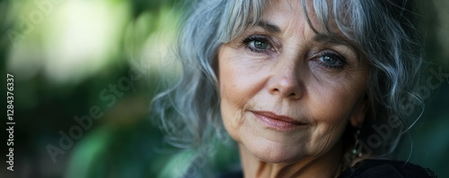 Portrait of a content older woman with gray hair in a natural setting