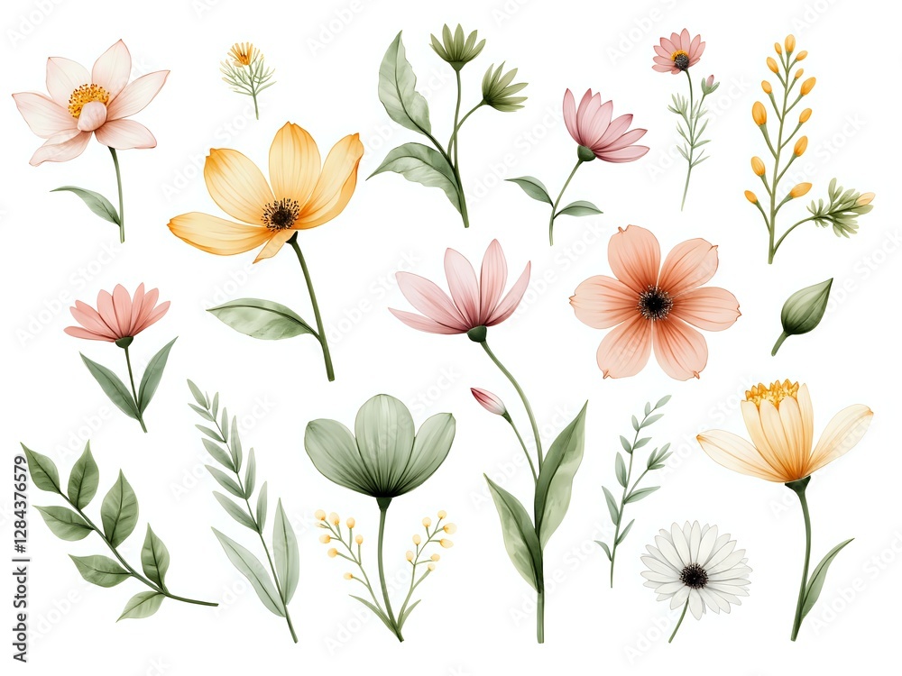 Obraz premium A collection of vibrant floral illustrations in soft pastel tones