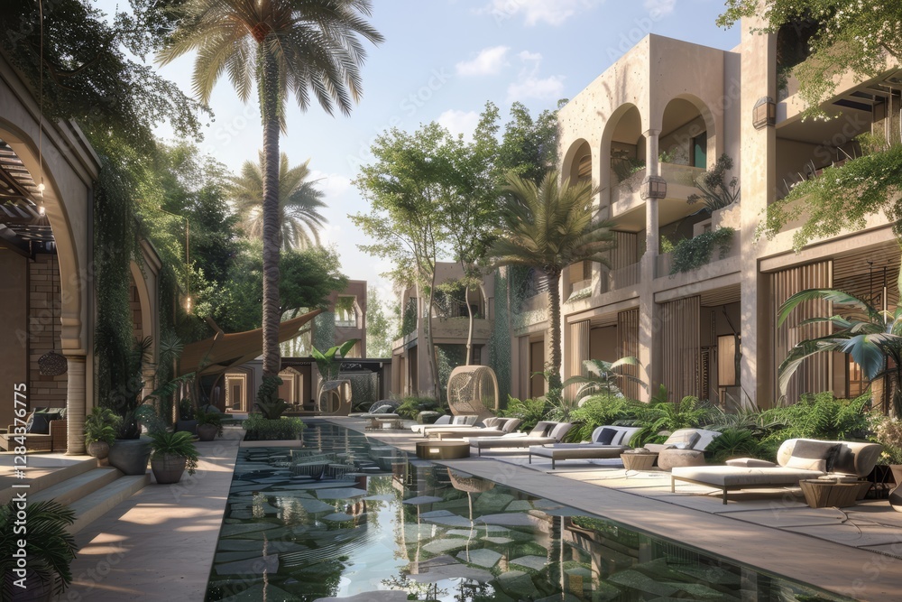 Fototapeta premium Architecture and vacation concept - house and building in mediterranian style. A luxury villa or hotel with a swimming pool area and palm trees.