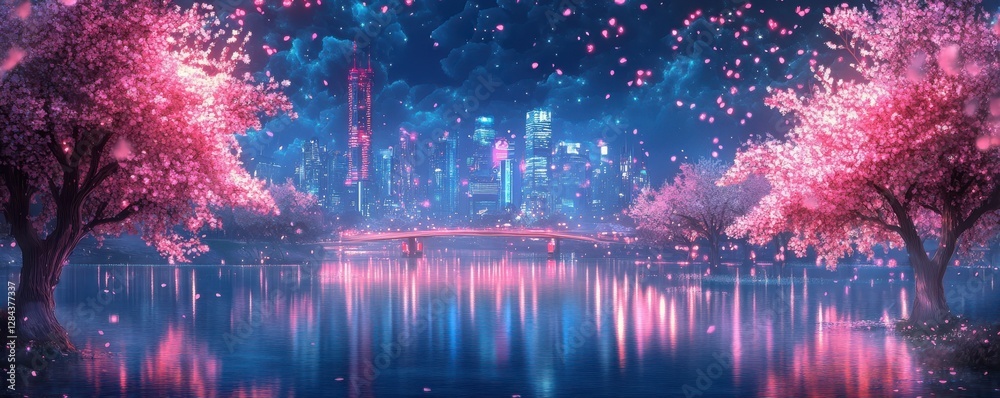 Fototapeta premium Serene night cityscape with cherry blossoms reflecting over tranquil water under starry sky