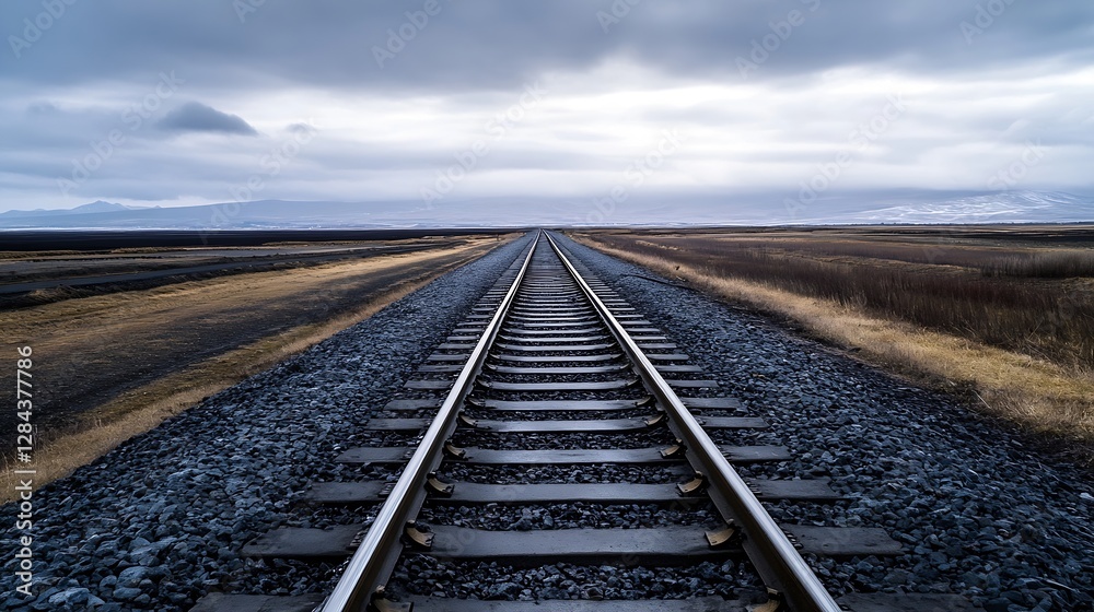 Fototapeta premium Rustic Railway Tracks Leading Through a Gloomy Landscape Under a Cloudy Sky : Generative AI