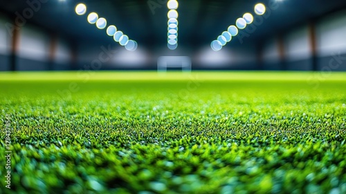 Indoor soccer field, artificial turf, spotlights, empty arena photo