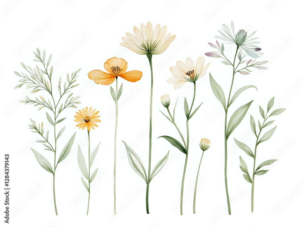 Fototapeta premium Elegant watercolor floral arrangement with delicate leaves