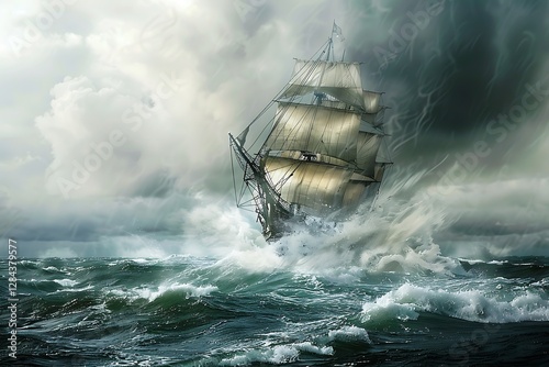 Sailing ship in stormy sea. 3d render illustration.
