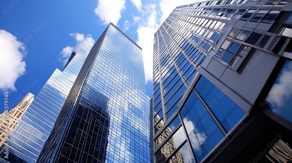 custom made wallpaper toronto digitalImposing skyscrapers reaching toward a vibrant blue sky with fluffy clouds creating a stunning urban skyline : Generative AI