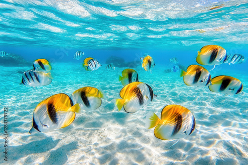 Brightly colored tropical fish swimming gracefully in clear shallow waters with sunlit ocean floor

