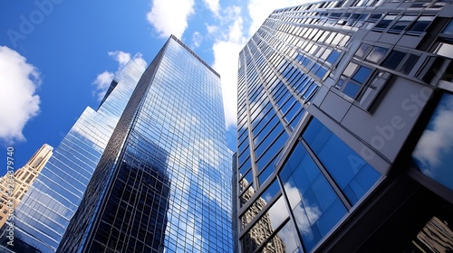 Wallpaper Mural Imposing skyscrapers reaching toward a vibrant blue sky with fluffy clouds creating a stunning urban skyline : Generative AI Torontodigital.ca