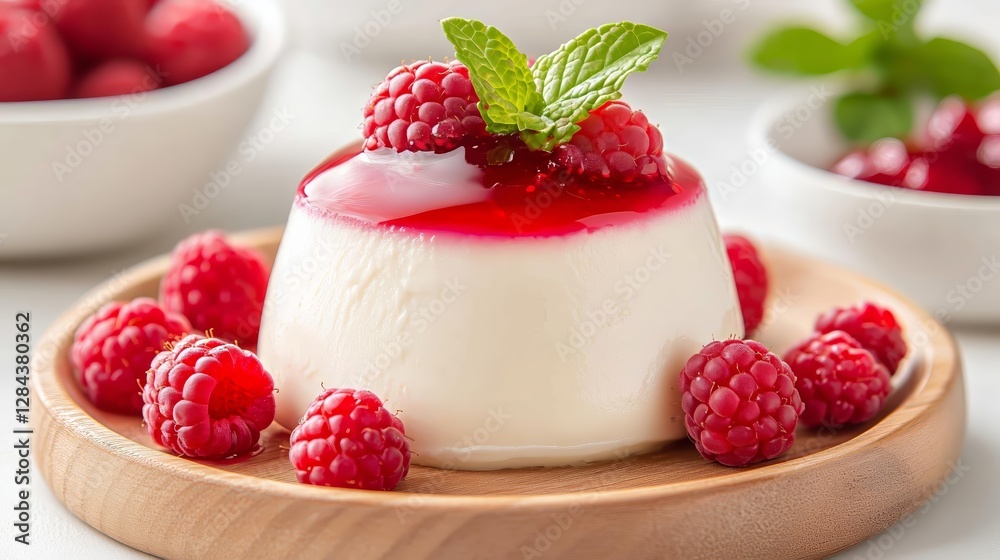 Delicious raspberry topped panna cotta dessert with mint garnish on wooden plate Delicious raspberry topped panna cotta dessert with mint garnish on wooden plate