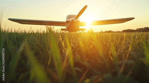 Small airplane parked on a field at sunset casting a warm glow : Generative AI photo