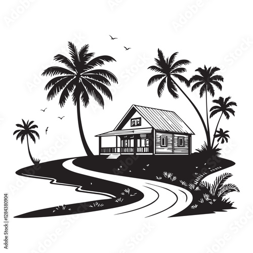 Web "Island Getaway Silhouette – Beach House with Palm Trees"