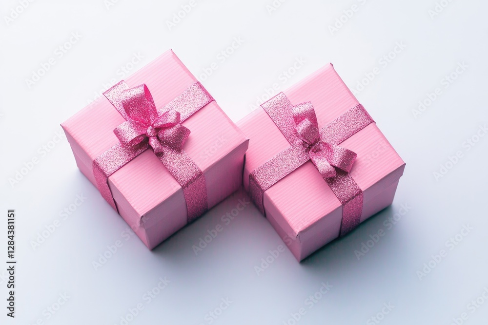 Pink gift boxes with matching bow ribbons, ready for celebrations or presents. Pink gift boxes with matching bow ribbons, ready for celebrations or presents.