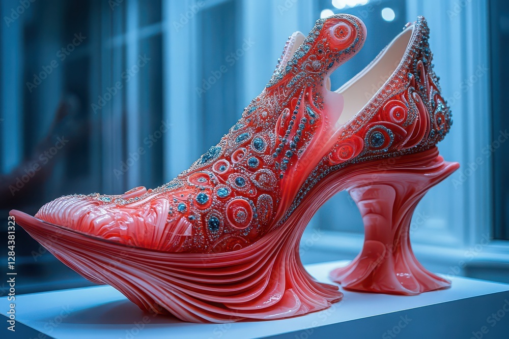 Obraz premium Modern futuristic design of avant-garde shoes with a marine theme, decoratedwith shells, from the young designer Alen Beni. Concept idea for the productionof a fashion collection. 