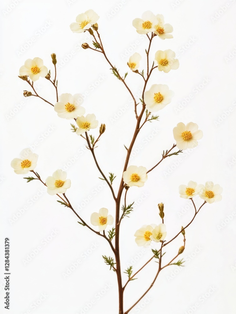 Fototapeta premium Bare stems with yellow flowers against a white background.
