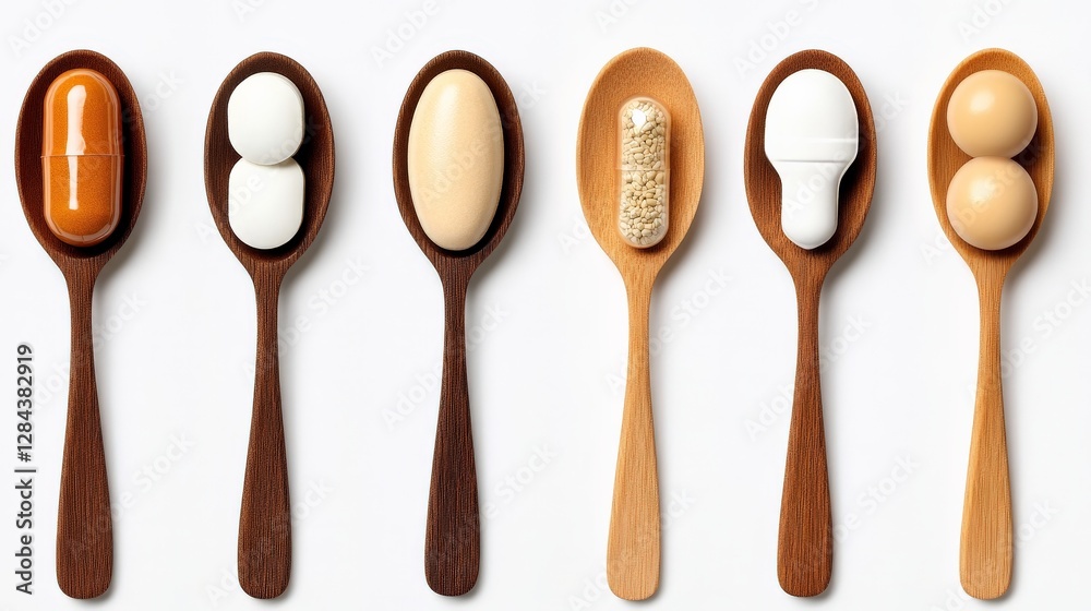Variety of Supplements and Pills in Wooden Spoons on White Background