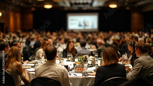 Conference attendees at a banquet, presentation on screen