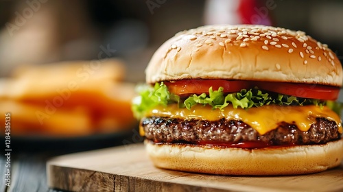 Delicious cheesy hamburger with fresh toppings served on a wooden board : Generative AI