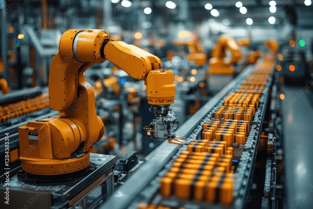 Fototapeta premium Robotic arm assembling yellow battery packs in a modern manufacturing facility during daylight hours