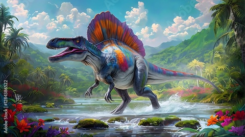 Colorful spinosaurus dinosaur traversing a prehistoric river valley