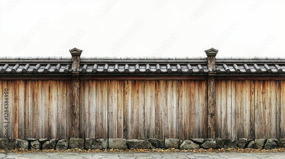 Aged Japanese wooden fence with tiled roof