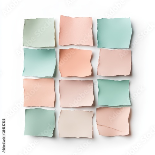 Wallpaper Mural A collection of 12 torn pieces of paper in pastel colors is arranged neatly in a grid format. The soft hues of green, pink, and beige evoke a creative and artistic atmosphere Torontodigital.ca