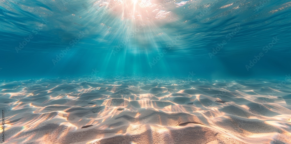 Fototapeta premium Underwater ocean landscape with sunlight falling through the surface. Empty blue sea summer background.