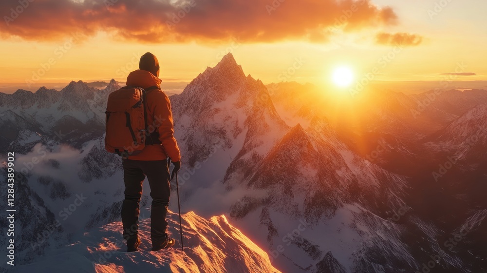 Fototapeta premium Adventurer standing on snowy mountain peak at sunrise
