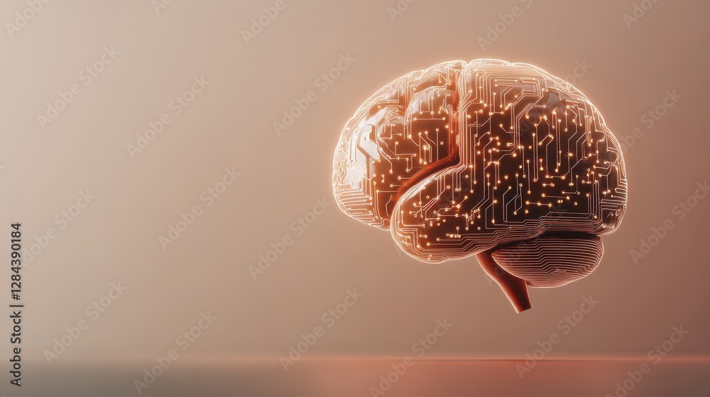 Naklejka premium A detailed brain model features glowing circuitry patterns that represent artificial intelligence. This design highlights innovation in technology and neuroscience, blending organic and digital forms