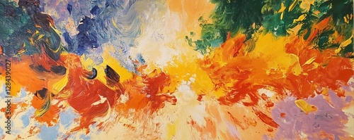 Vivid abstract oil painting with dynamic brushstrokes and bold color palette