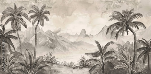 Watercolor pattern wallpaper. Painting of a jungle landscape in vintage retro style.