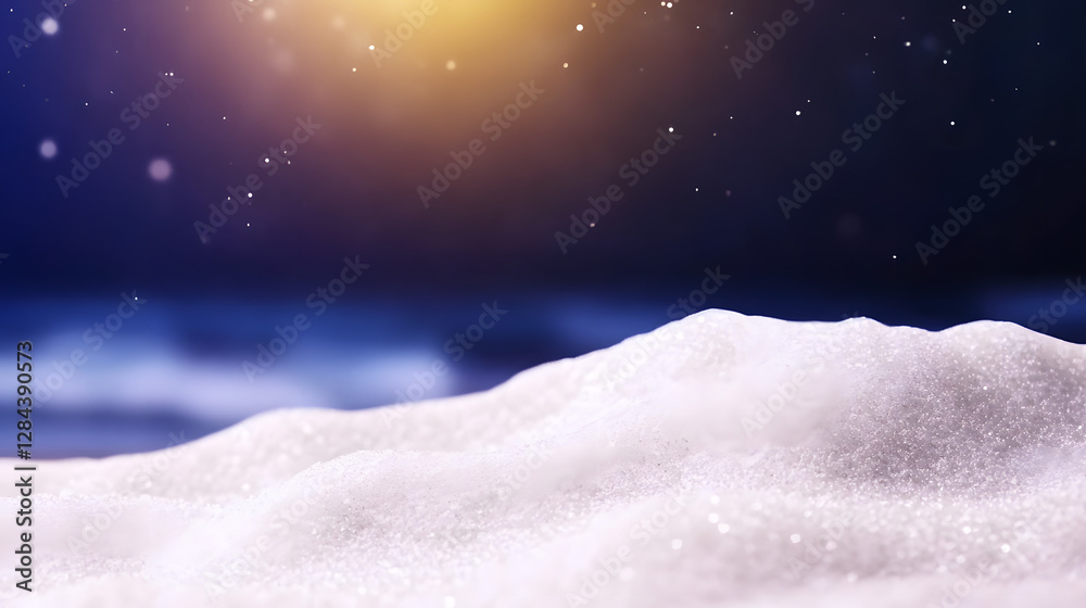 Naklejka premium Snowy winter scene, nighttime, snowfall, product display, holiday