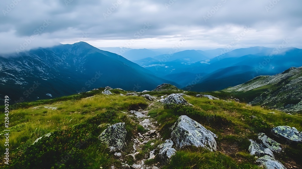 Fototapeta premium Majestic Mountain View Overlooking a Lush Green Valley in a Cloudy Day : Generative AI