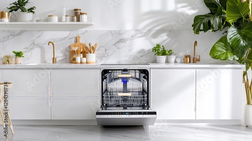 Modern kitchen with open dishwasher and minimalist design elements