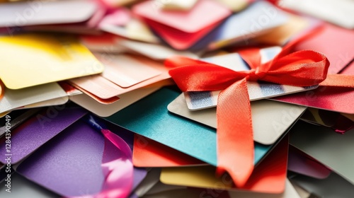 Pile of Unused Gift Cards with Red Bow and Colorful Designs for Consumer Spending