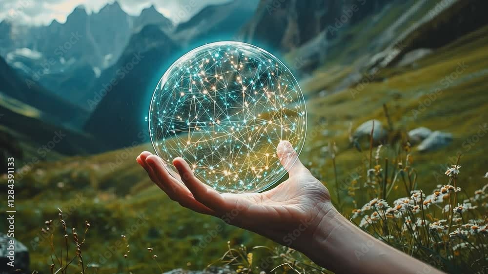 Global Connections: A hand cradles a luminous sphere, symbolizing technology's grasp on the world and the interconnectedness of data networks.