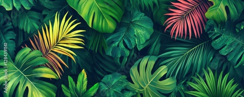 Lush tropical foliage background with vibrant green and red leaves