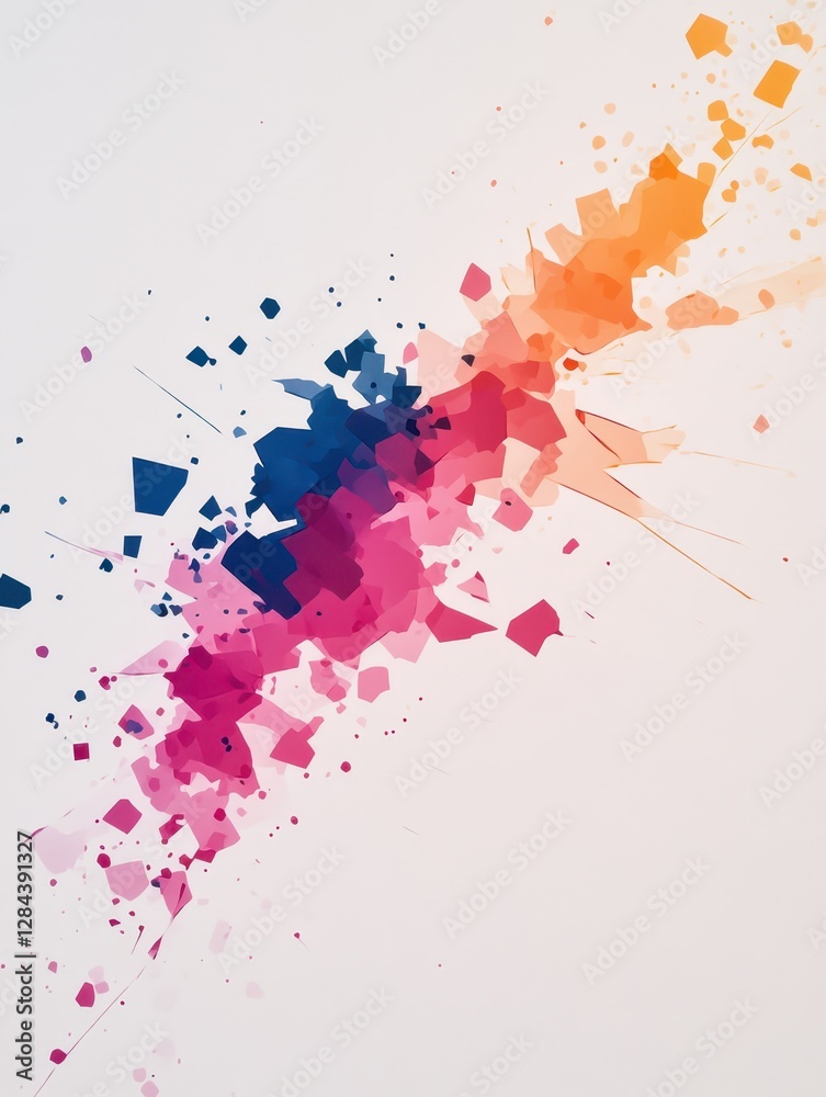 Obraz premium Bright shades of pink, orange, and blue vividly merge on a white canvas, creating a dynamic and eye-catching abstract composition with scattered geometric forms