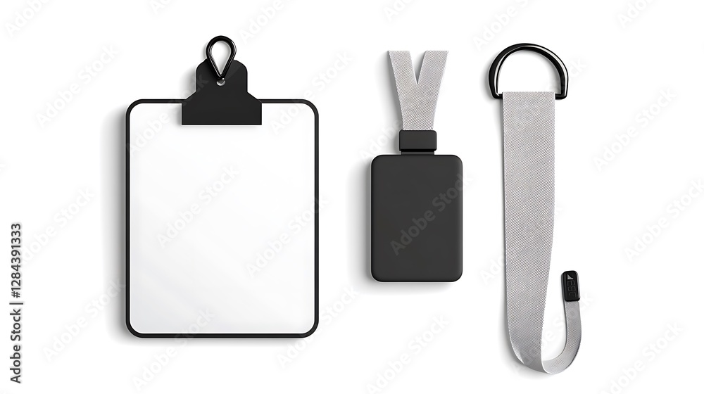 Fototapeta premium Sleek Black Clipboard, Lanyard, and Hook: A Clean 3D Render AI Generated