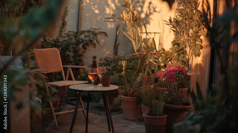 Fototapeta premium Moderate drinking on a charming patio with potted plants. Featuring nature and tranquility