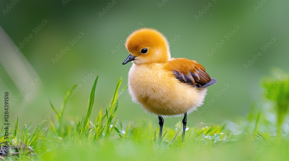 Fototapeta premium Small fluffy orange chick stands on vibrant green grass in a field during daytime.