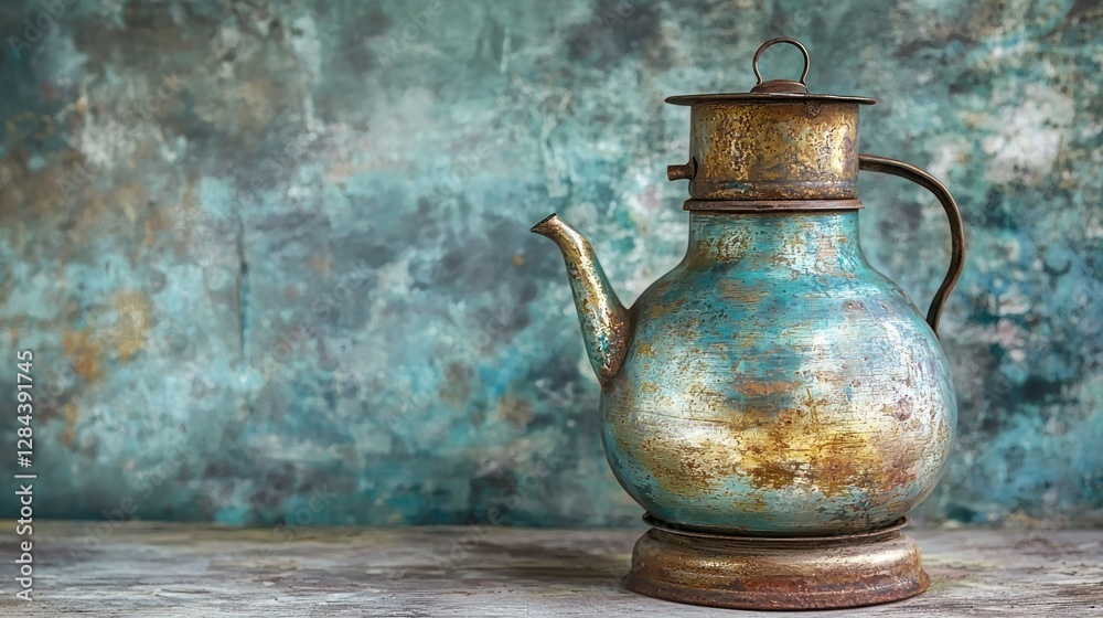 Antique rusty teapot on rustic table against teal wall Antique rusty teapot on rustic table against teal wall