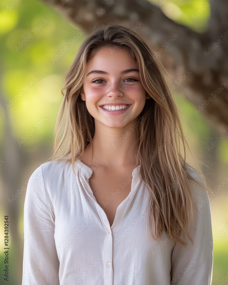A young woman stands outdoors with a cheerful expression amidst greenery. Her light clothing and long hair complement the serene, sunlit background A young woman stands outdoors with a cheerful expression amidst greenery. Her light clothing and long hair complement the serene, sunlit background