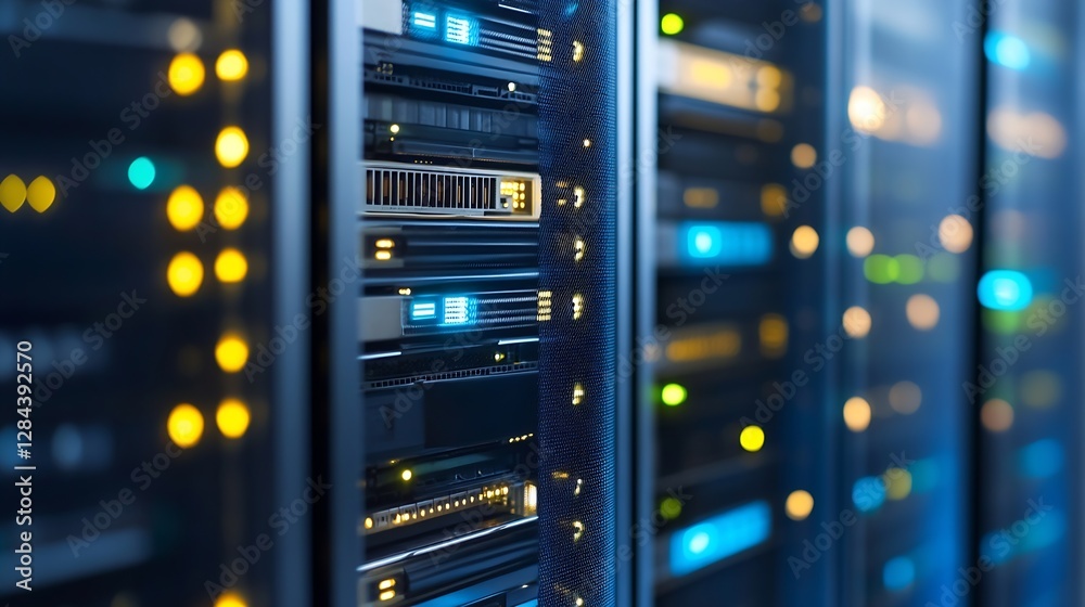 CloseUp View of a Dynamic and Modern Data Center with Illuminated Server Racks and Lights : Generative AI CloseUp View of a Dynamic and Modern Data Center with Illuminated Server Racks and Lights : Generative AI