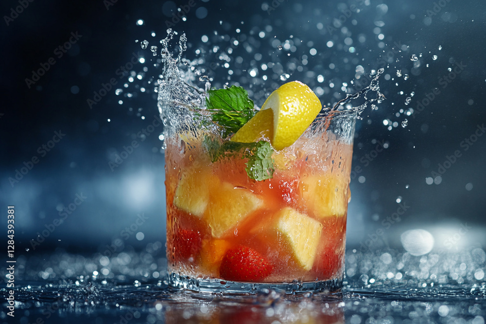 Splash moment with lemon wedge dipping into summer fruit cocktail Splash moment with lemon wedge dipping into summer fruit cocktail