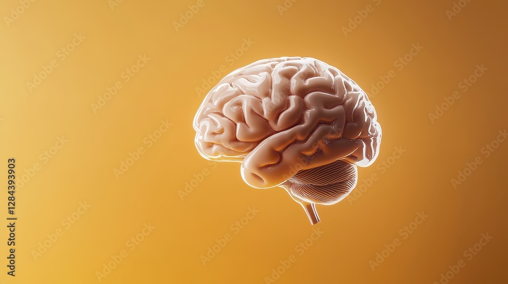 A detailed 3D representation of a human brain floats against a warm orange backdrop, illustrating its intricate structure and neural pathways. This visual emphasizes the complexity of human cognition A detailed 3D representation of a human brain floats against a warm orange backdrop, illustrating its intricate structure and neural pathways. This visual emphasizes the complexity of human cognition