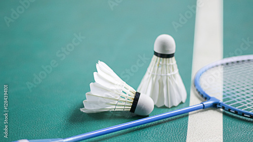 Badminton racket and white shuttlecock on green badminton court