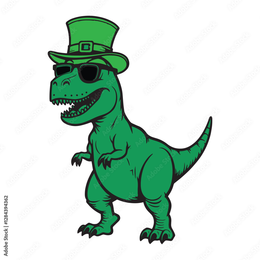 Fototapeta premium Funny Irish Dinosaur Clipart – Cool St. Patrick’s Day T-Rex Vector Design**