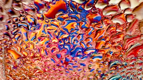 Close-up of water drops on metal surface in high resolution showing condensation of water droplets on metal surface. Intricate patterns and different sized water droplets create a beautiful abstract