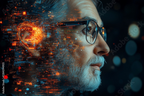 close up eye of a man with futuristic digital elements overlaying it. The scene has a cyberpunk aesthetic, featuring glowing blue and red data streams, symbolizing AI and technology.