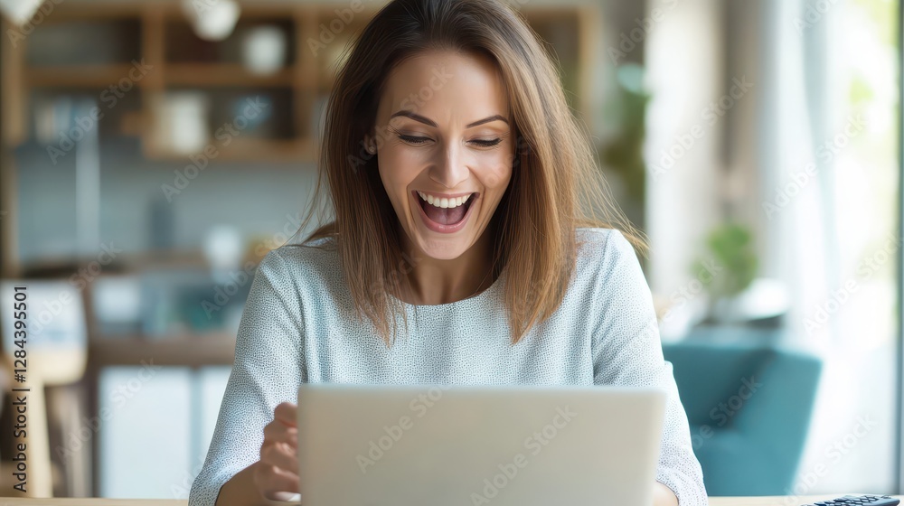 A cheerful young woman interacts with her laptop in a bright, contemporary living space. Her expression radiates joy as she engages with something exciting on screen A cheerful young woman interacts with her laptop in a bright, contemporary living space. Her expression radiates joy as she engages with something exciting on screen