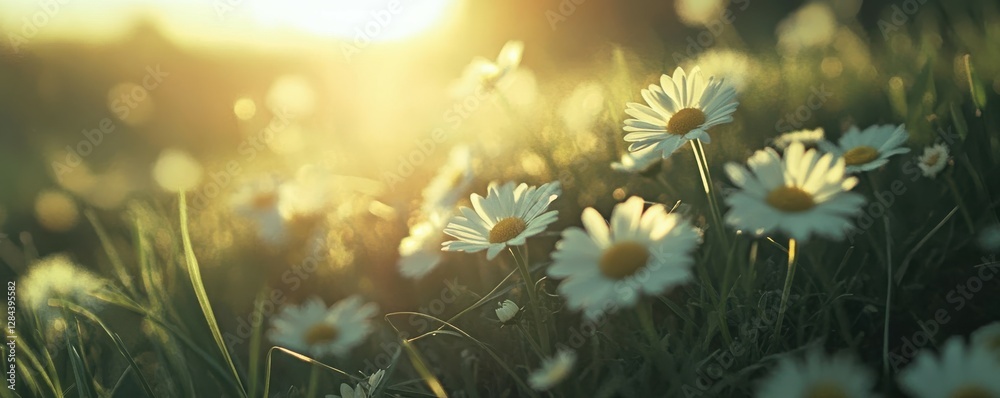 Obraz premium Sunlit daisies in a tranquil meadow at sunrise with soft focus lens flare